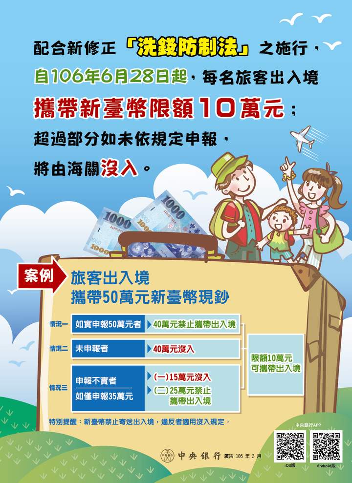 「洗錢防制法規定攜帶超額新台幣未申報或申報不實，將由海關沒入 」文宣廣告 